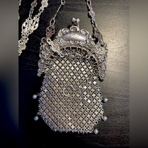 ANTIQUE ART NOUVEAU FRENCH PURSE SILVER MESH CHATELAINE 1890'S CHANGE PURSE